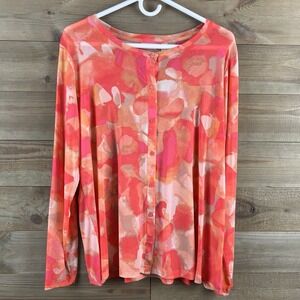 LOGO Lori Goldstein Womens Shirt Sheer Mesh Nylon Button Up Watercolor Large